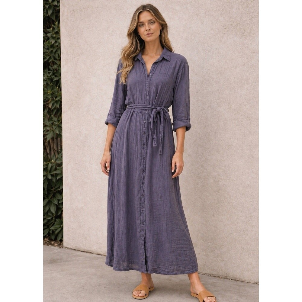 CP SHADES Phoebe Double Cotton Midi Dress Charcoal Grey Size Large Belted
